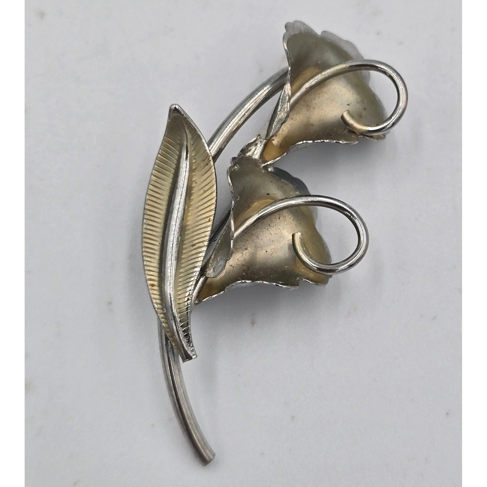 Vintage Two Tone Calla Lily Brooch Unsigned Mid Century Silver Gold Floral Pin